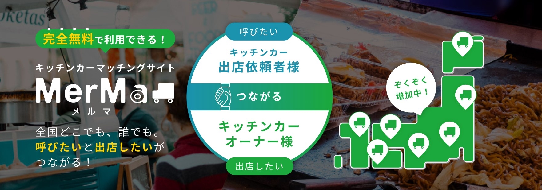【完全無料公開中】キッチンカーと出店依頼者を直接つなげるキッチンカーマッチングサイト　MerMa（メルマ）　